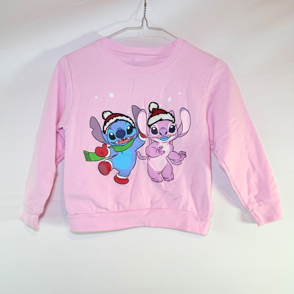 Disney Stitch and Angel Pink Christmas Sweatshirt Kids Size 7/8 Holiday Fleece